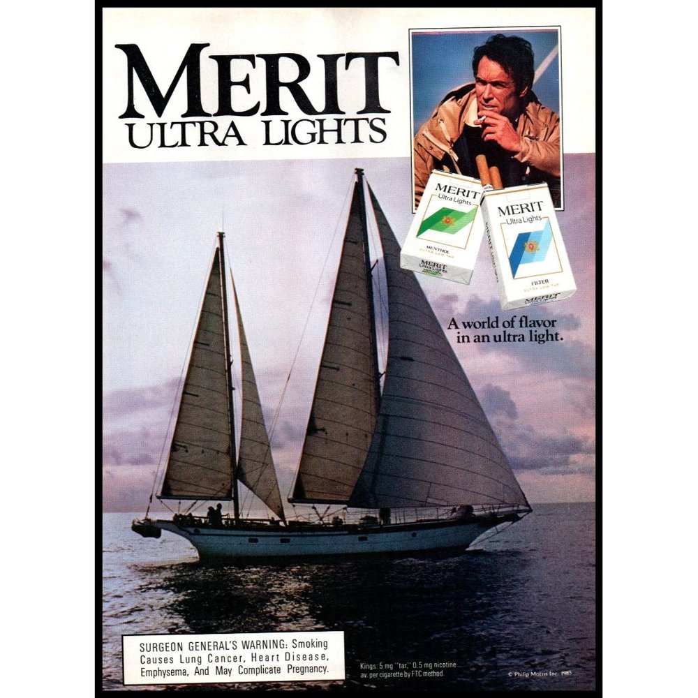 1985 Merit Cigarettes Vintage Print Ad Sailing Sailboat Yacht Nautical Wall Art